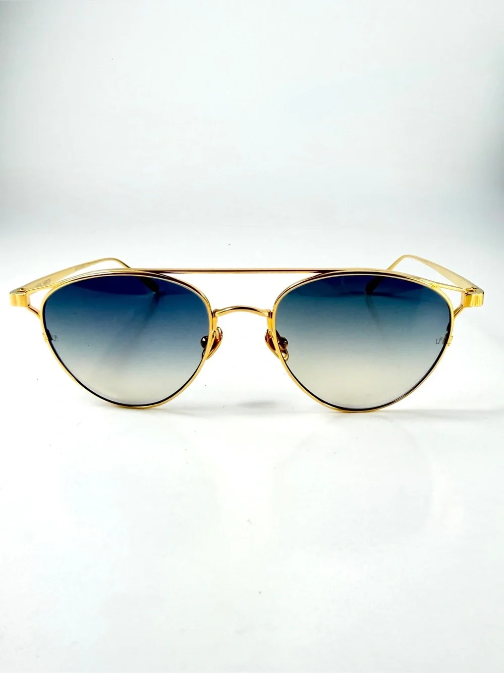 Linda Farrow Omar Aviator Sunglasses Gold Blue LFL804 C7 Titanium NWT Full Set
